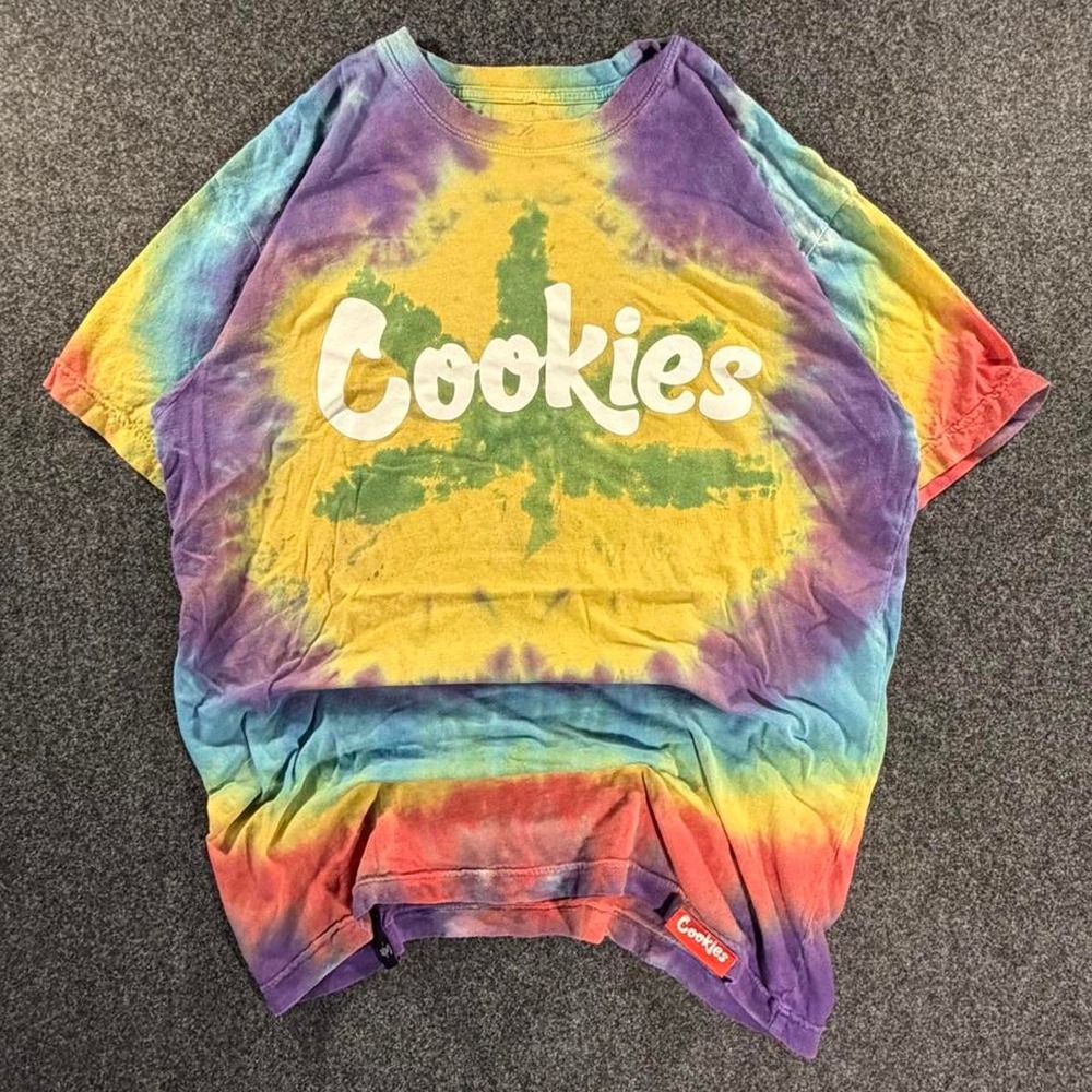 Cookies Mens Rainbow Tie Dye Graphic T Shirt Large Streetwear Colorful Logo Tee